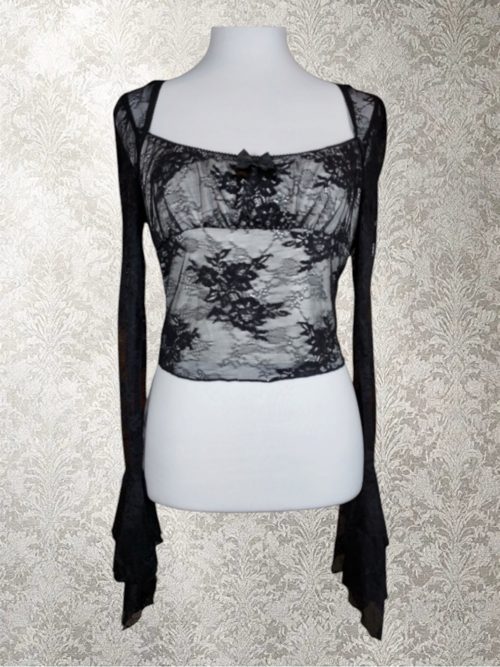 Dolls Kill Widow Top Black Lace Bell Sleeve Bow Goth Whimsigoth Victorian L NWT